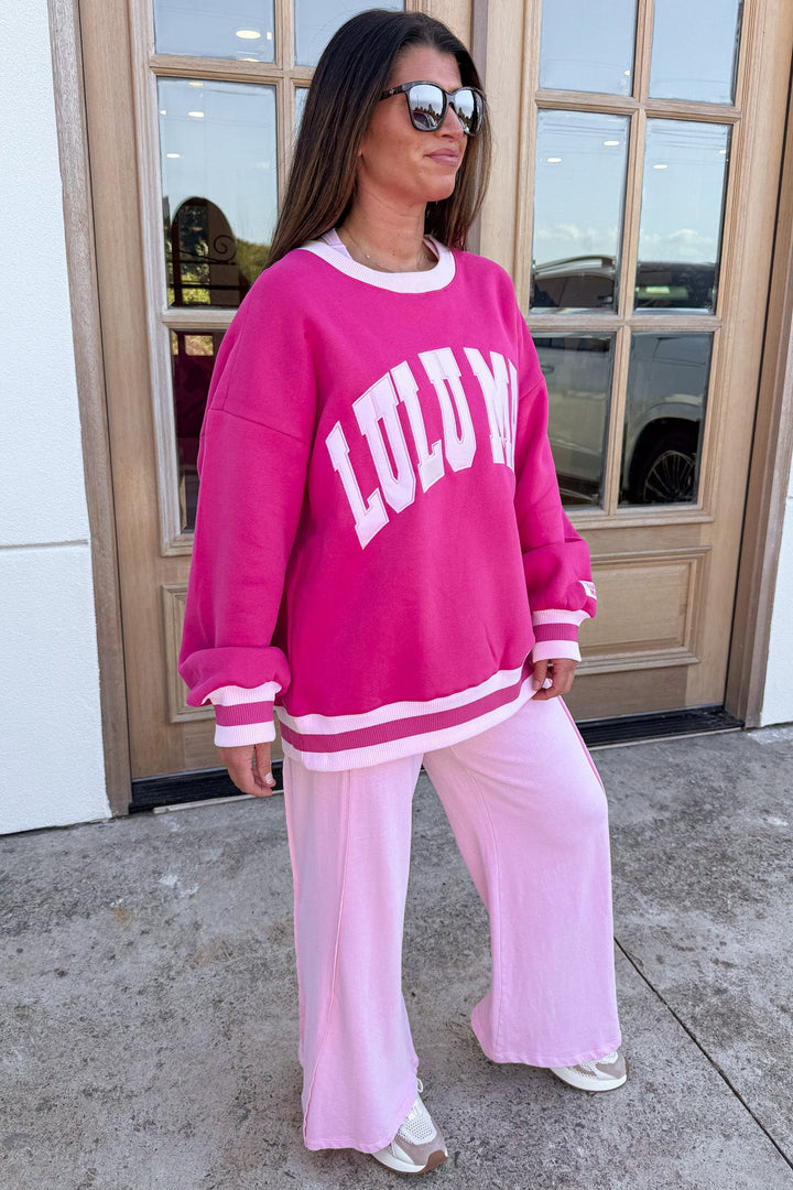 hot pink and light pink combo embroidered lulu mac cuffed long sleeve sweatshirt