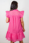 grid print pink ruffle shift dress