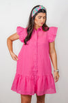 grid print pink ruffle shift dress