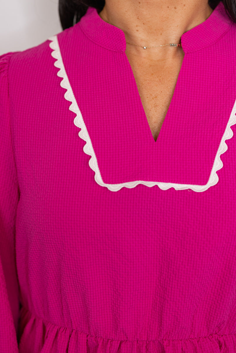 hot pink white scalloped trim babydoll top