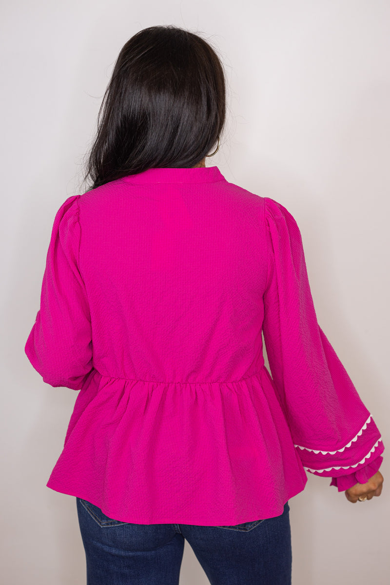 hot pink white scalloped trim babydoll top