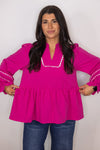 hot pink white scalloped trim babydoll top