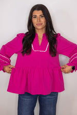 hot pink white scalloped trim babydoll top