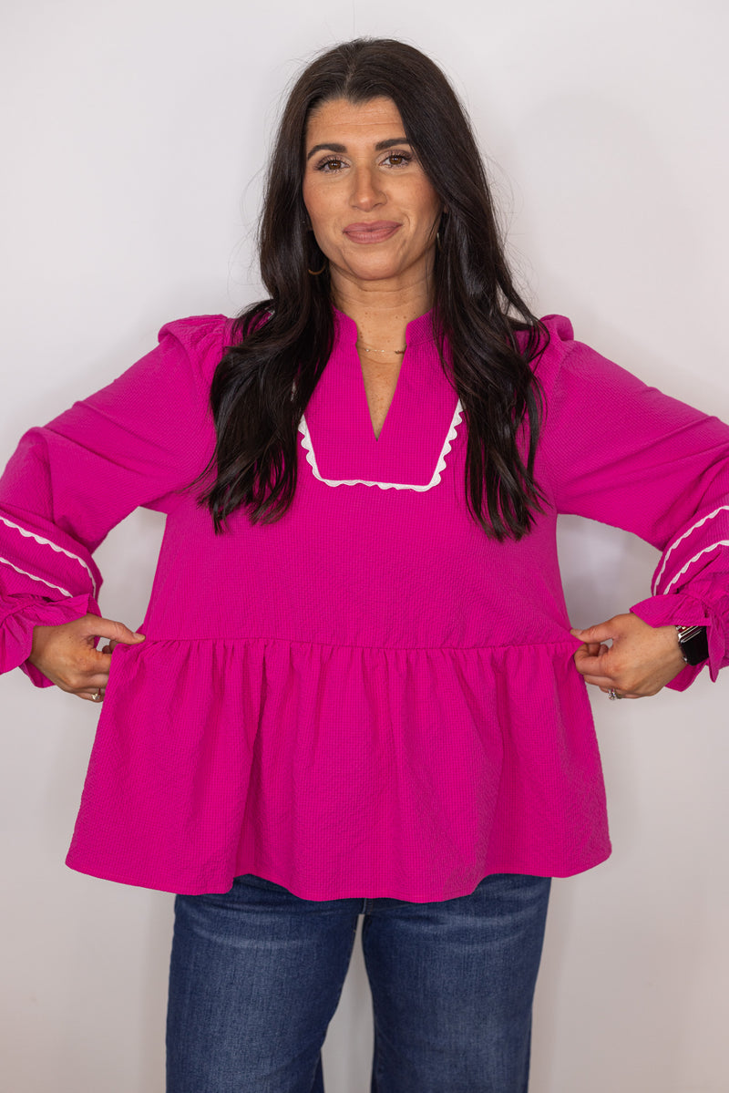 hot pink white scalloped trim babydoll top