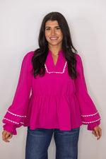 hot pink white scalloped trim babydoll top