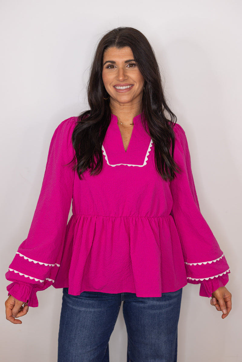 hot pink white scalloped trim babydoll top