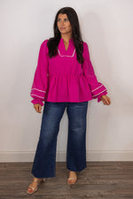 hot pink white scalloped trim babydoll top