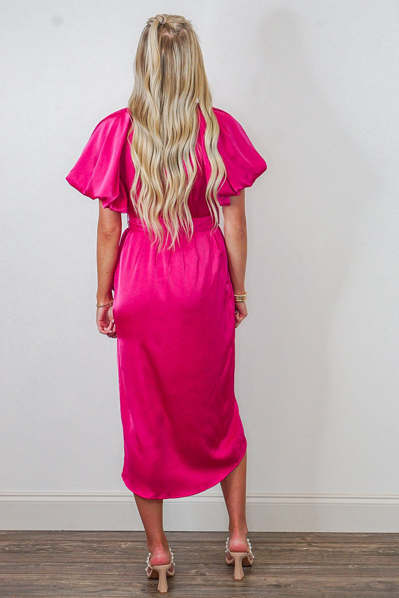 hot pink midi wrap belted dress