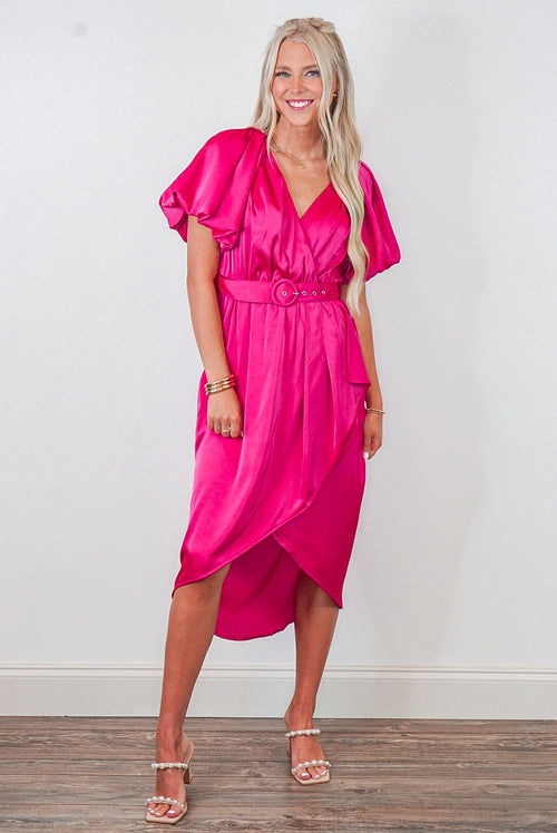 hot pink midi wrap belted dress