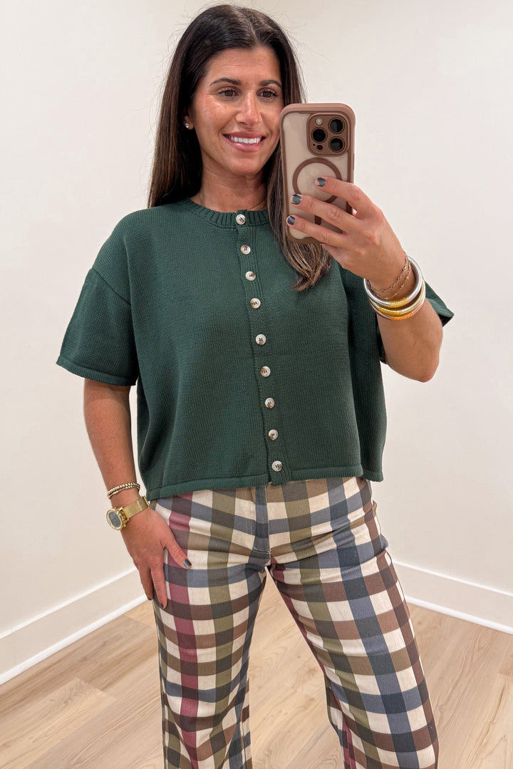 solid hunter green crew neckline button front short sleeve knit cardigan top
