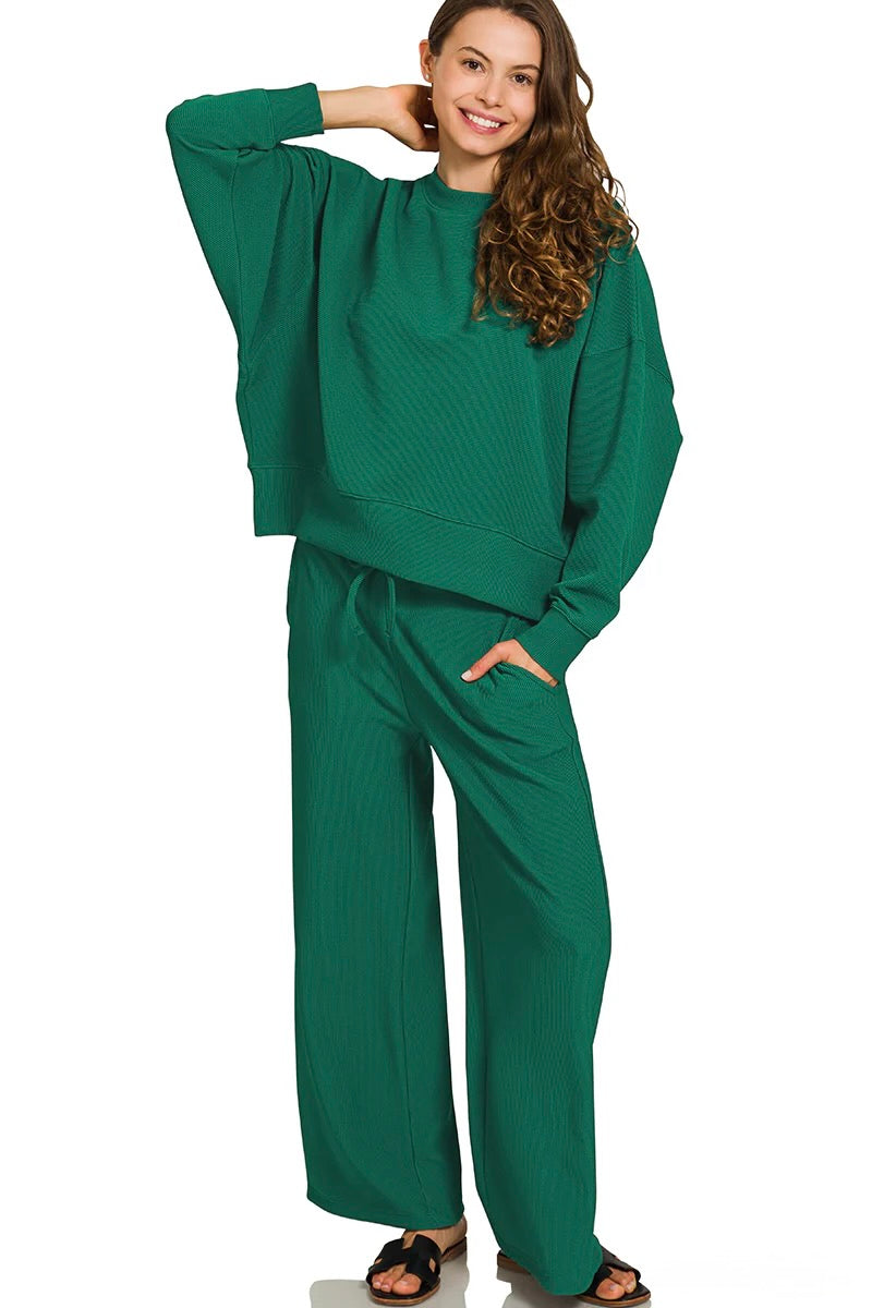 Women's hunter green ribbed knit wide leg pants and long sleeve top set by Zenana