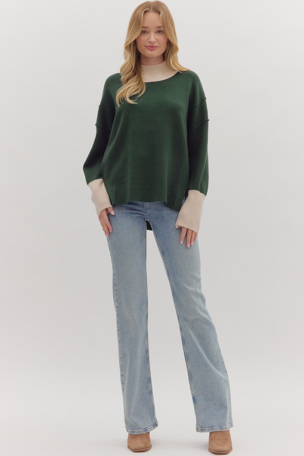 Women's hunter green sweater knit pullover top with cream ribbed trim by Entro showing full front view