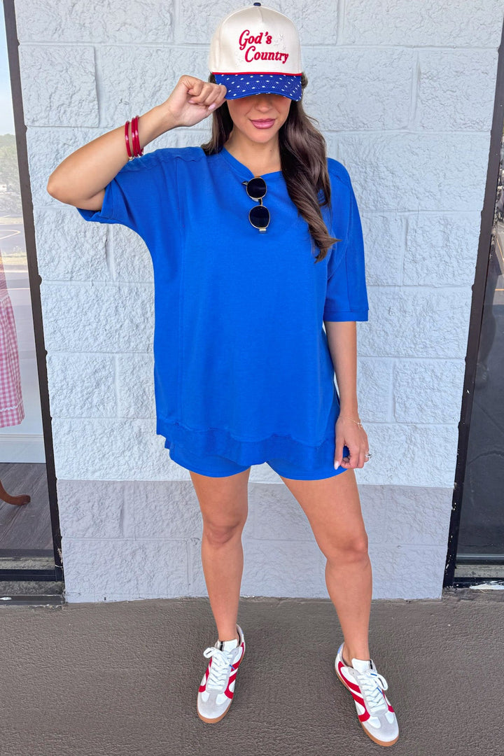 deep indigo blue athleisure terry knit shorts