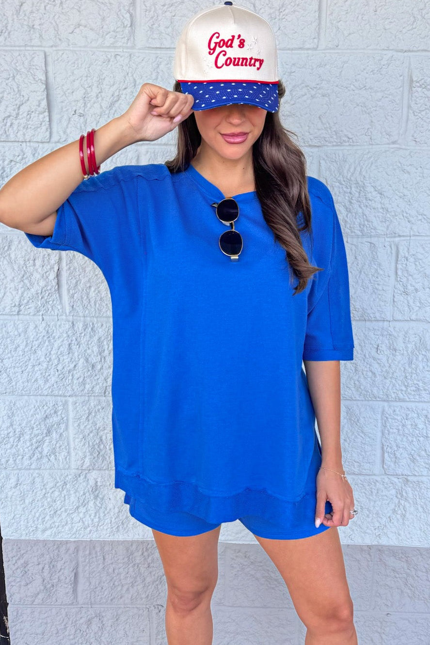 deep indigo blue athleisure french terry knit top