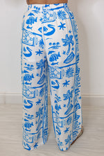 white blue tropical printed linen palazzo pants