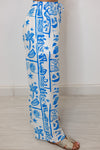 white blue tropical printed linen palazzo pants