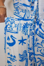 white blue tropical printed linen palazzo pants