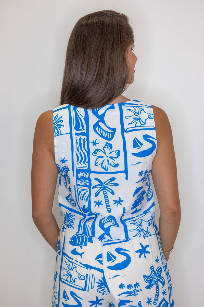 white blue tropical printed linen tank top