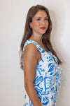 white blue tropical printed linen tank top