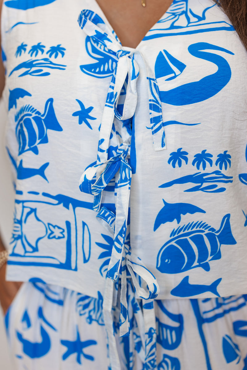 white blue tropical printed linen tank top
