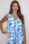 white blue tropical printed linen tank top