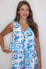 white blue tropical printed linen tank top