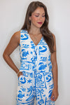 white blue tropical printed linen tank top