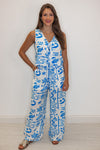 white blue tropical printed linen tank top