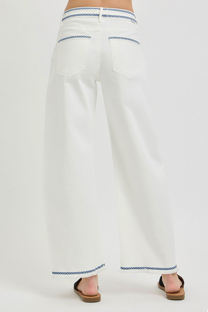 ivory blue embroidered trim risen barrel jean pants