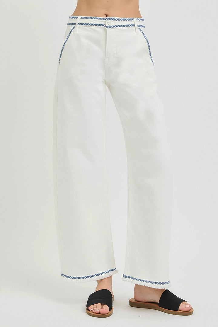 ivory navy blue embroidered trim risen barrel jeans