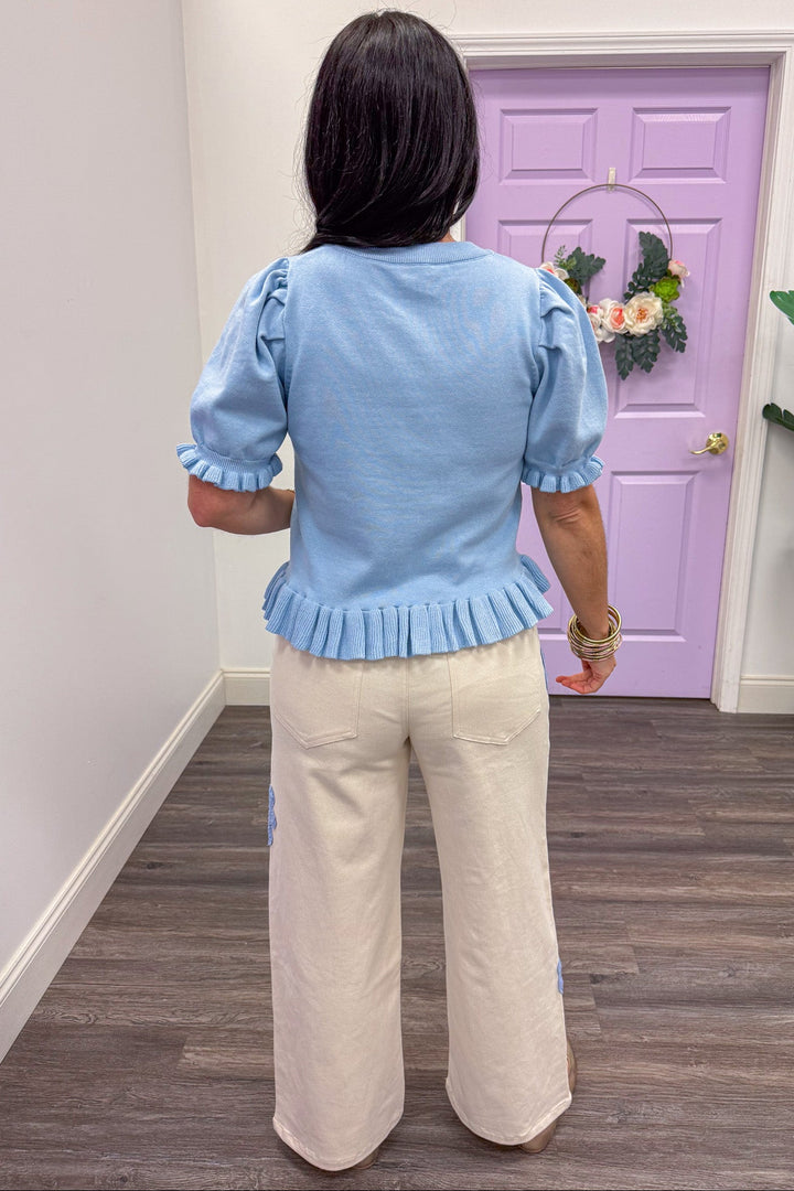 cream blue embroidery detail wide leg pants