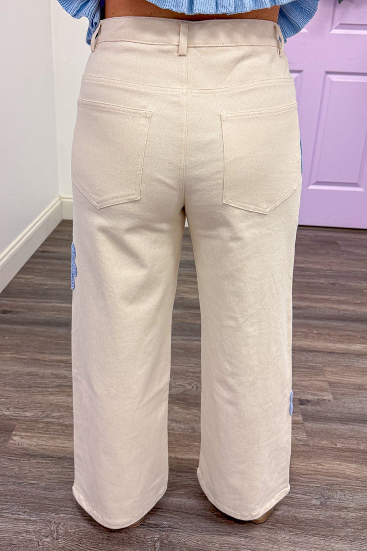cream twill blue embroidery detail wide leg pants back view