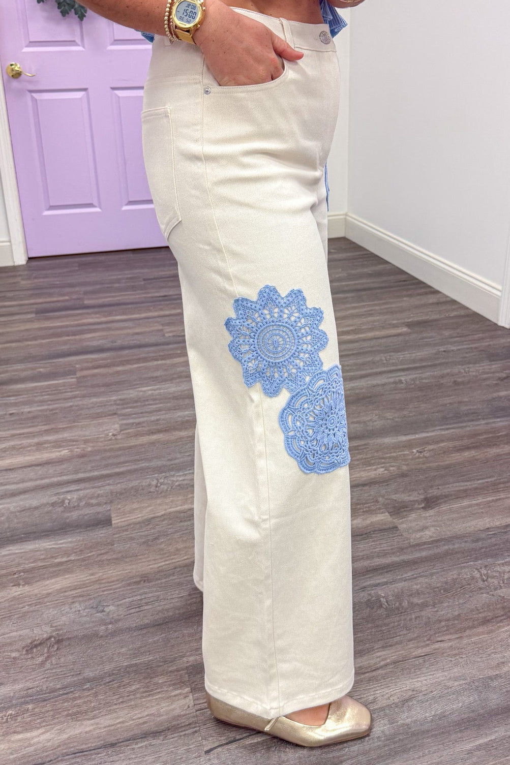 cream twill blue embroidery detail wide leg pants pockets