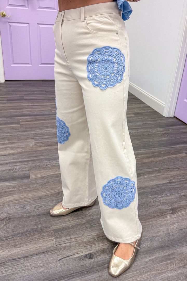 cream twill blue circle embroidery wide leg pants