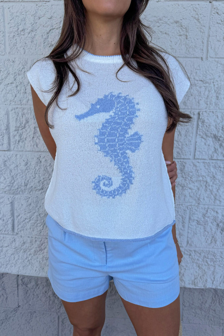 ivory with light blue seahorse detail ribbed crew neckline sleeveless knit top