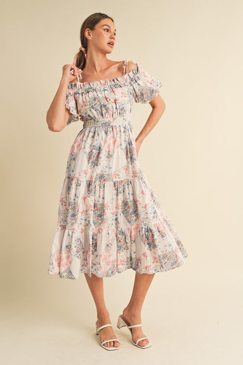 &Merci Ivory tiered off the shoulder midi dress in coral and blue floral patchwork print