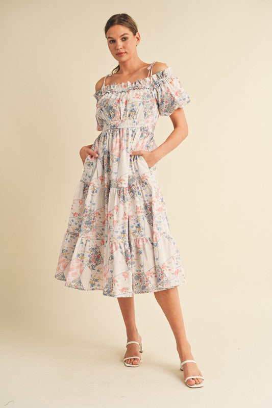 &Merci Ivory tiered off the shoulder midi dress in coral and blue floral patchwork print