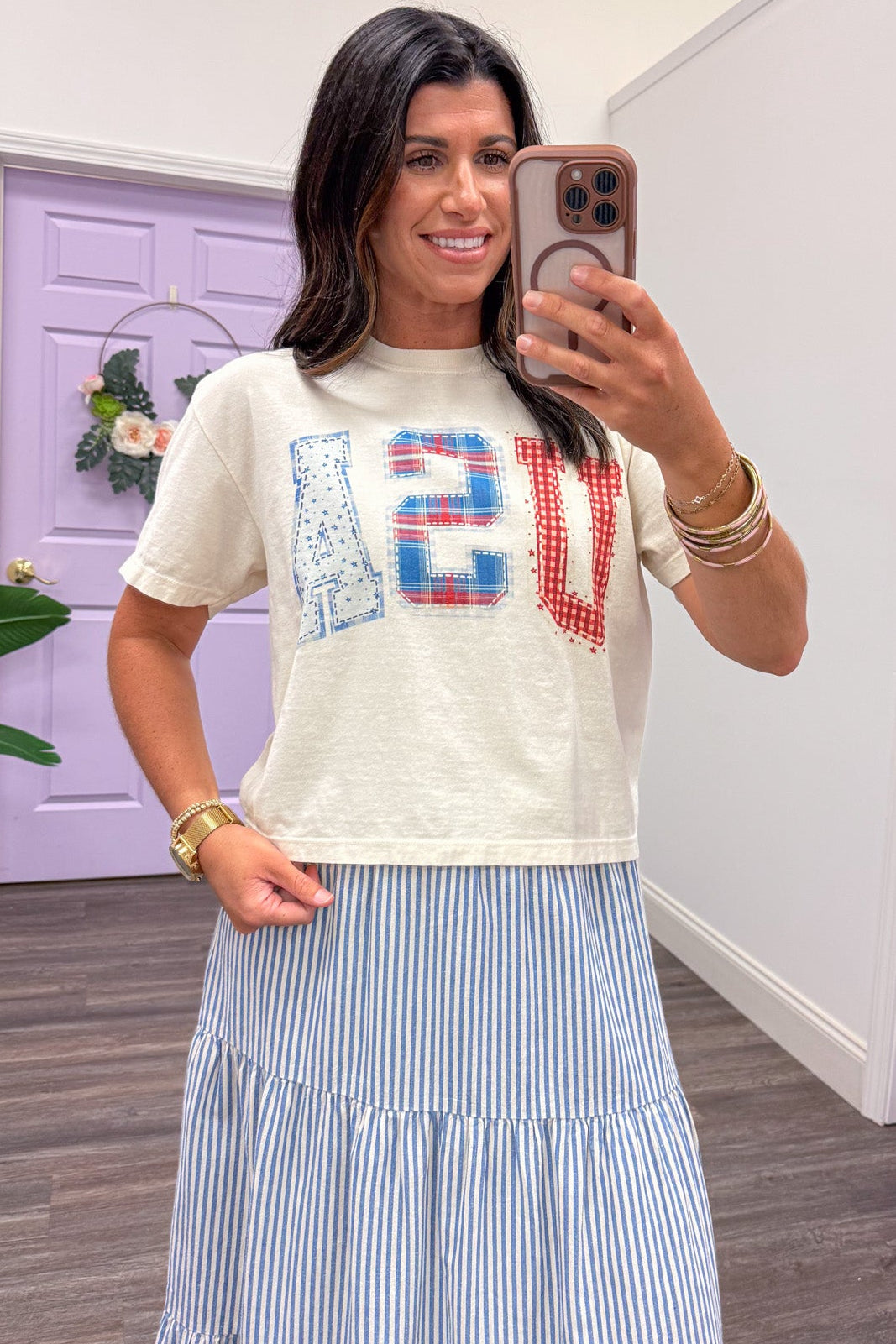 ivory semi-cropped boxy short sleeve usa graphic tee