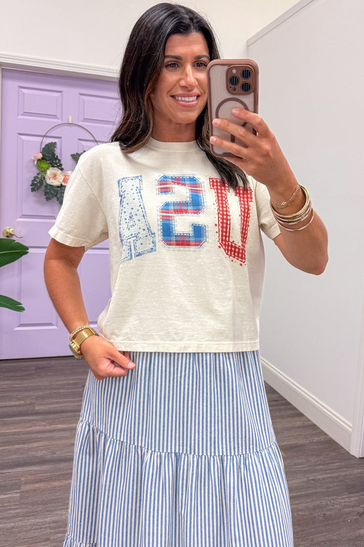ivory semi-cropped boxy short sleeve usa graphic tee