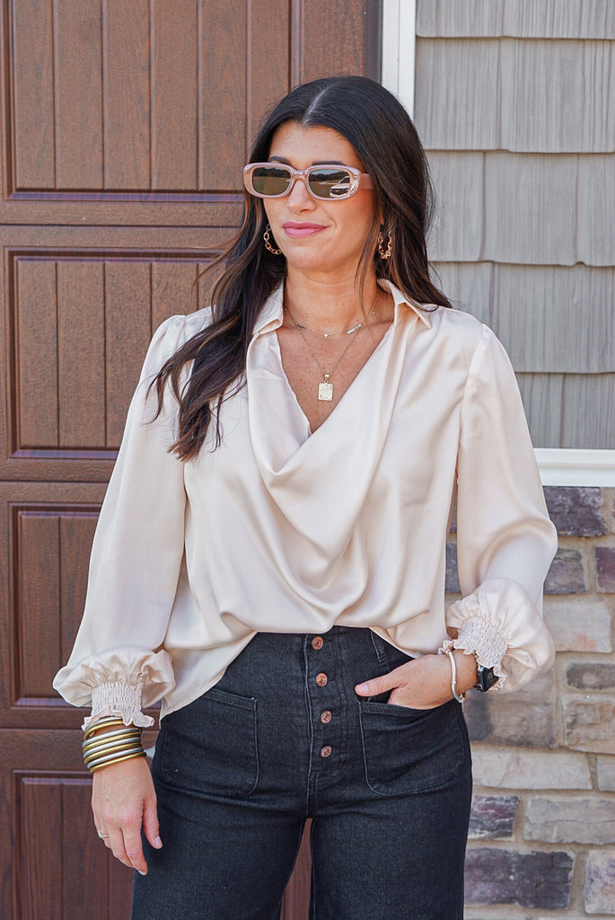 Cream Satin Cowl Neck Top | Purple Door Boutique | Commerce GA