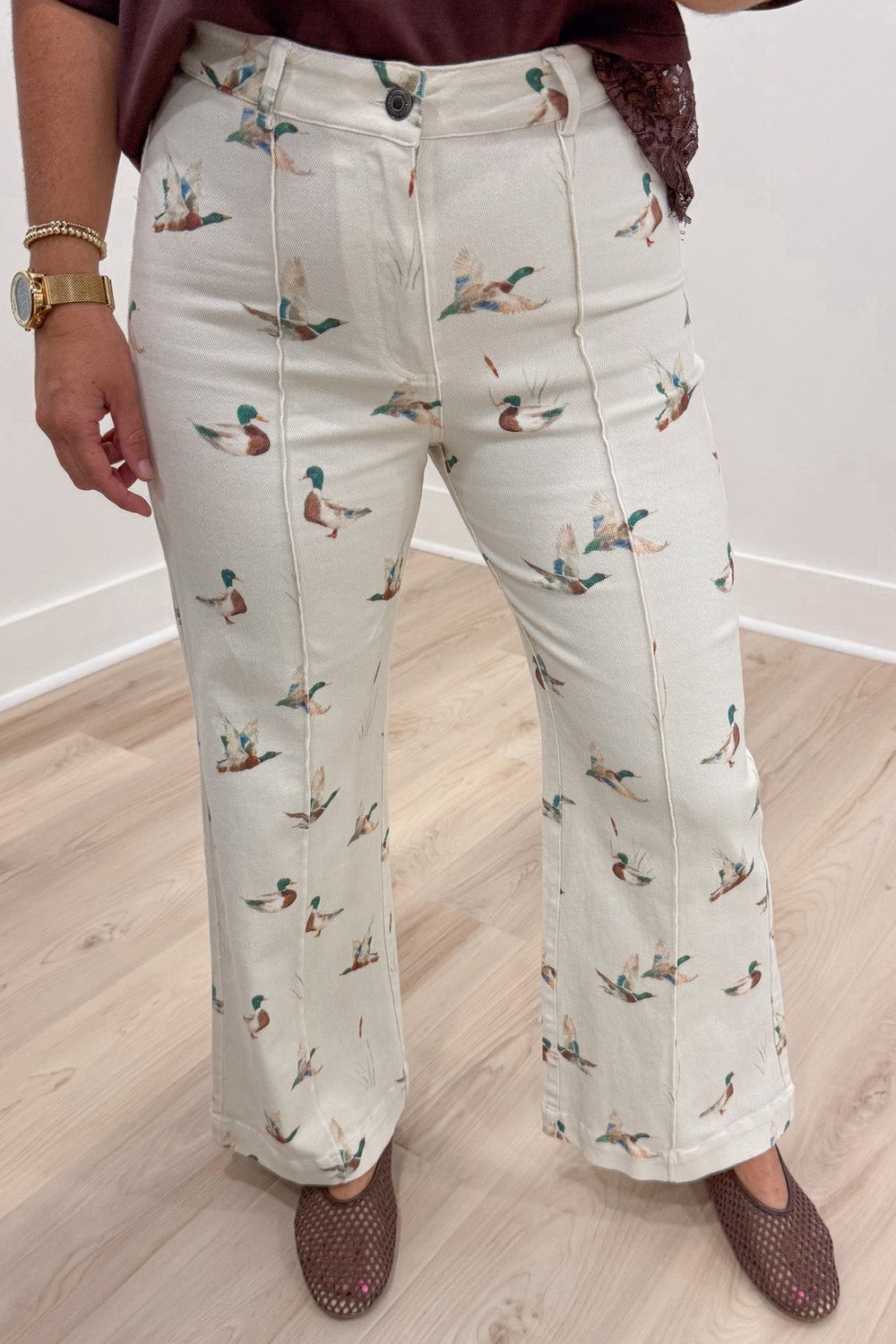 washed ivory with printed mallard ducks twill denim wide leg pants with button zipper fly