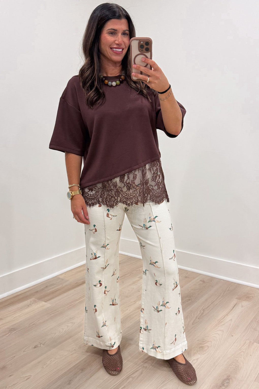 washed ivory with printed mallard ducks twill denim wide leg pants