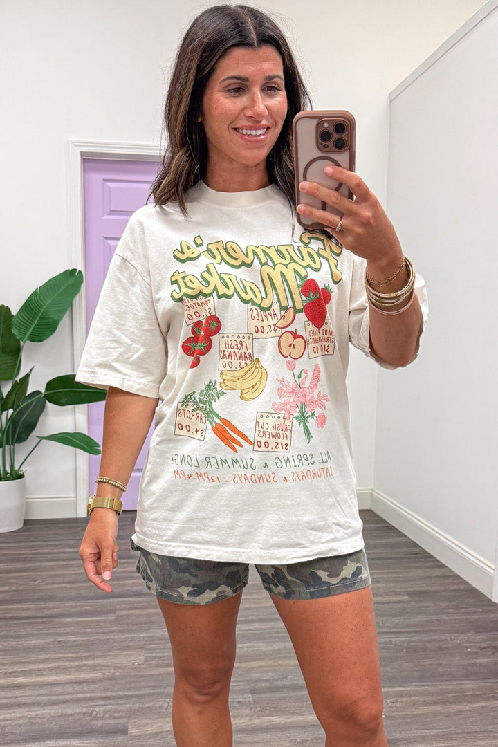 ivory with multicolored farmer's market menu graphic short sleeve tee