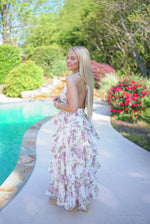 ivory floral tiered halter maxi dress