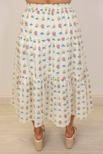 ivory floral elastic waist flowy midi skirt