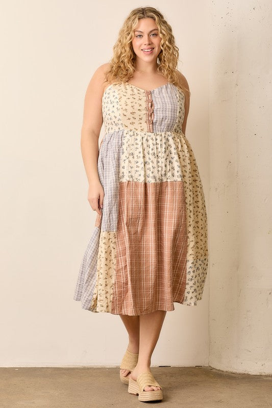 Polagram BaeVely Ivory, tan, and blue floral print and plaid mixed fabric patchwork midi dress, plus