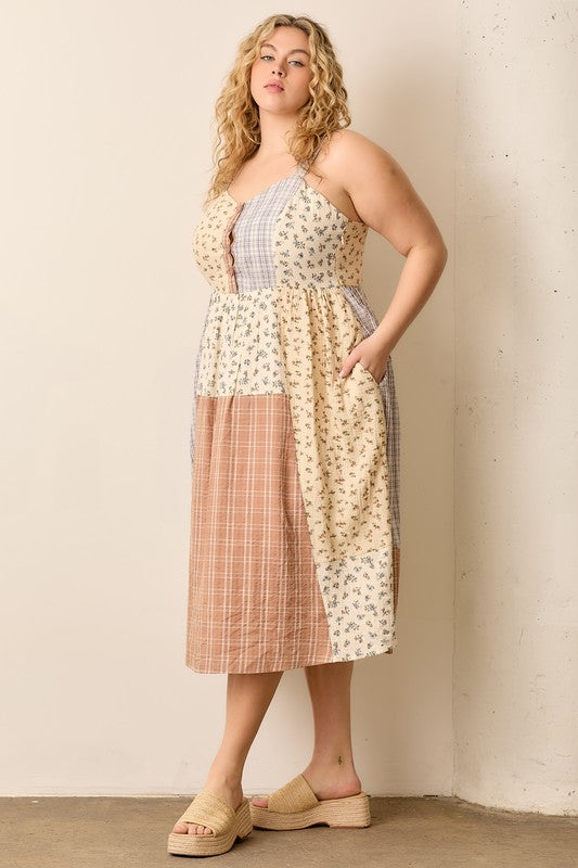 Polagram BaeVely Ivory, tan, and blue floral print and plaid mixed fabric patchwork midi dress, plus