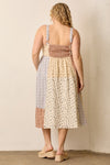 Polagram BaeVely Ivory, tan, and blue floral print and plaid mixed fabric patchwork midi dress, plus