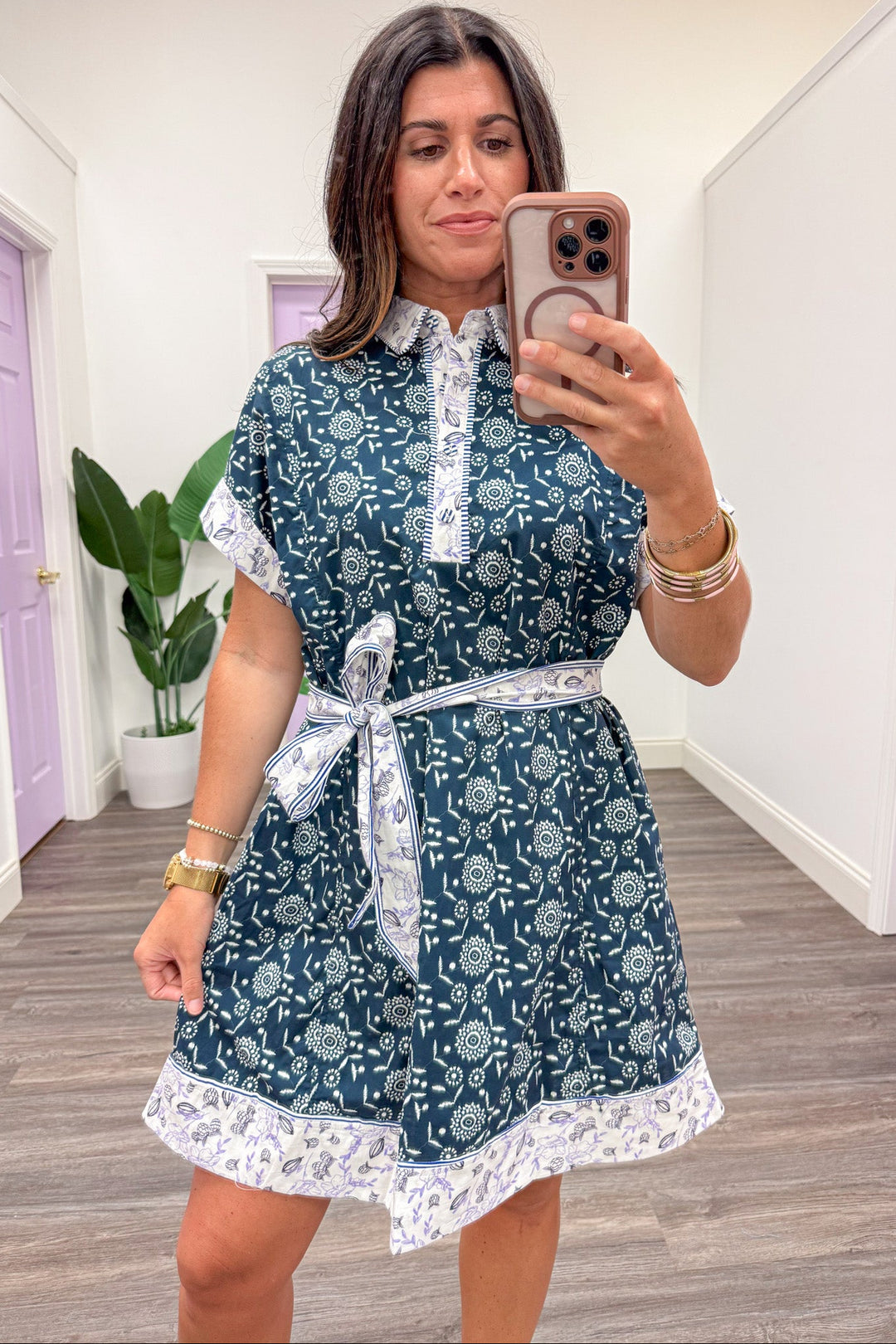 ivory and navy floral and fruit print button bodice collared neckline short dress