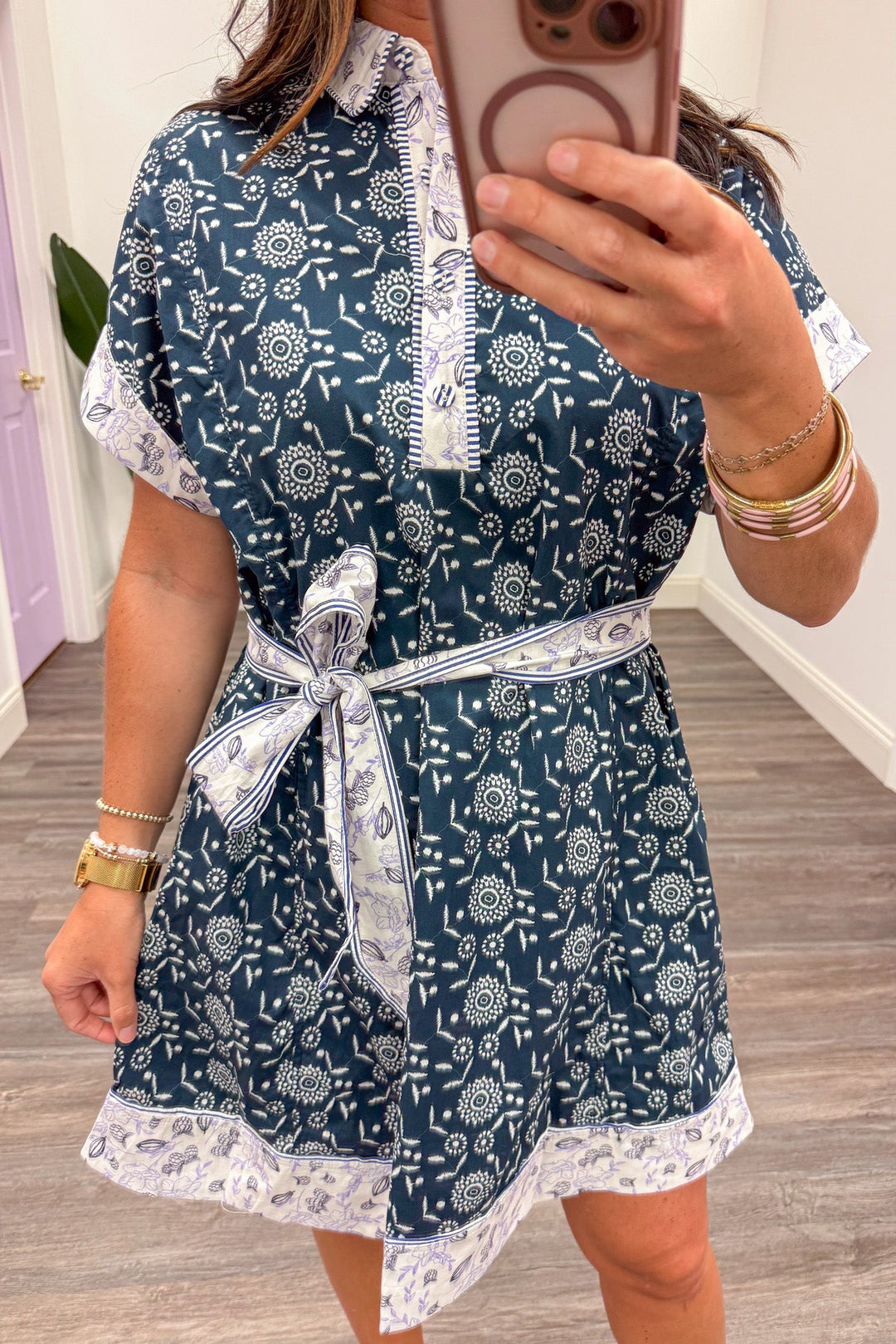 ivory and navy floral and fruit print removable self tie belt short dress